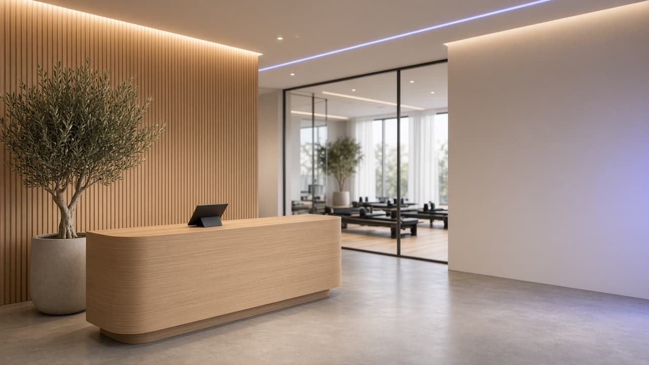 A calm, modern fitness studio reception with an oak front desk and a Pilates room behind glass