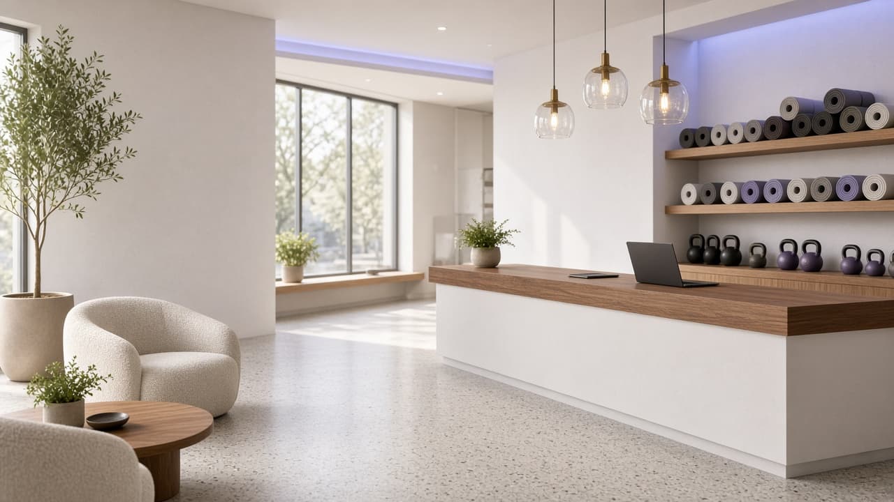 A bright, modern fitness studio front desk with a lounge, yoga mats and kettlebells on shelves