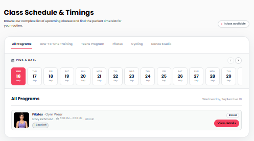 Class schedule on the gym website