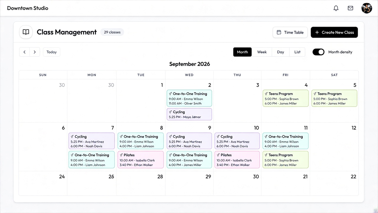 Fitnez Studios class management calendar — September schedule with trainers