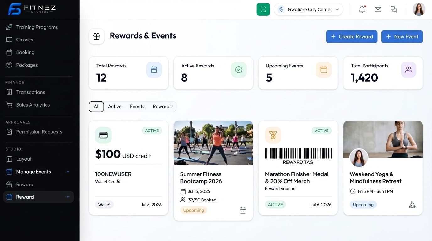 Fitnez Studio Rewards catalog — wallet, package, and badge prizes